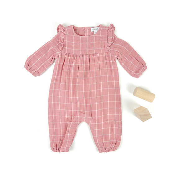 Rose Tan Grid Muslin Ruffle Sleeve Romper