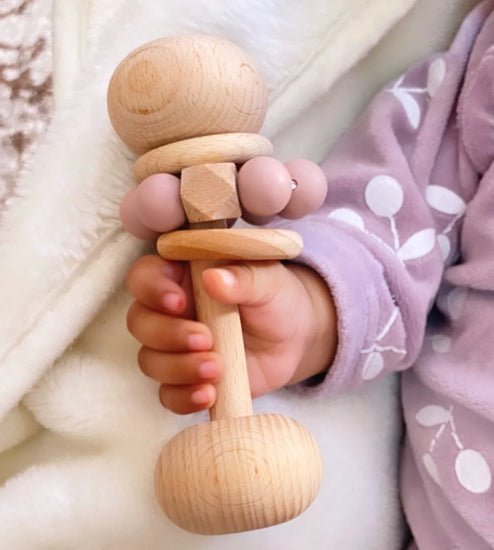 Wooden Rattle with Silicone Beads (Pink)