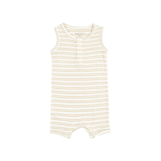 Striped Oxford Tan Shortie Sleeveless Romper