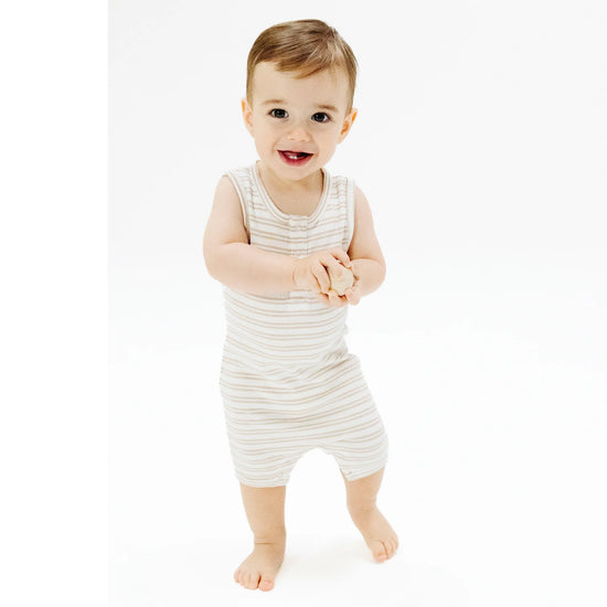 Striped Oxford Tan Shortie Sleeveless Romper