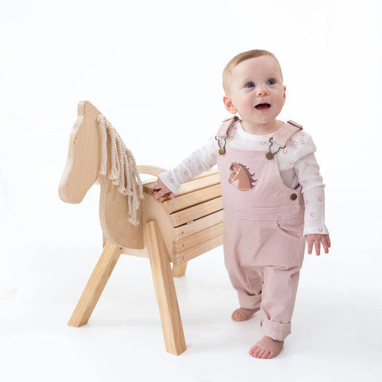 Veiled Pink Corduroy Overalls with Horse Applique