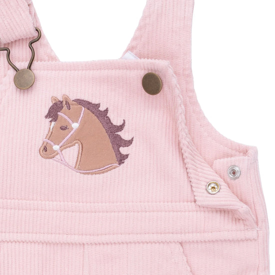 Veiled Pink Corduroy Overalls with Horse Applique