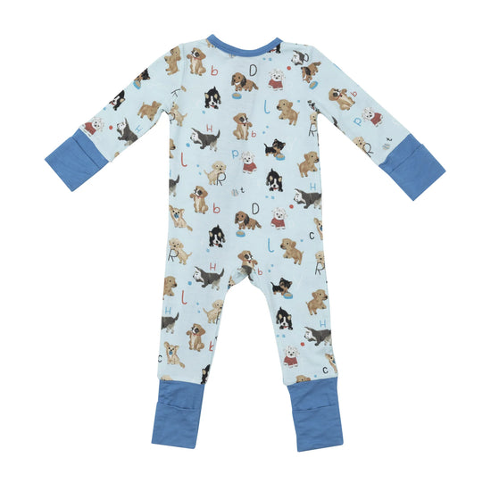 Puppy Alphabet 2-Way Zipper Romper, Blue