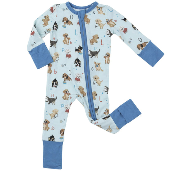 Puppy Alphabet 2-Way Zipper Romper, Blue