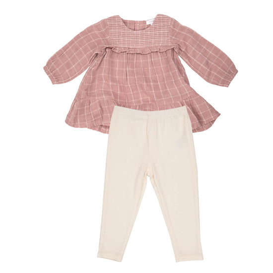 Rose Tan Grid Smocked Ruffle Dress & Rib Legging Set