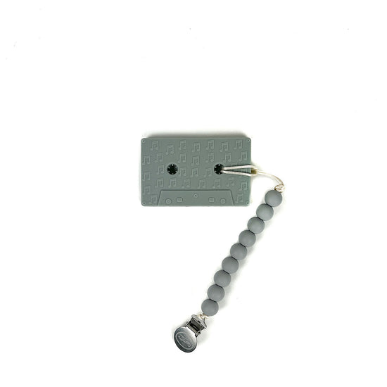 Cassette Tape Teether with Clip, Light Grey