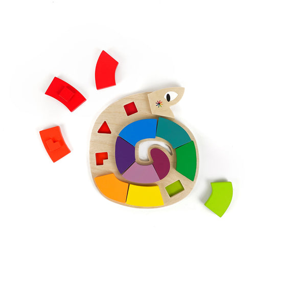 This brightly colored snake puzzle has so many different levels of play! The pieces fit together like a puzzle. Little ones can remove and match the color pieces, or underneath each piece is a 3-dimensional shape that can also be matched.