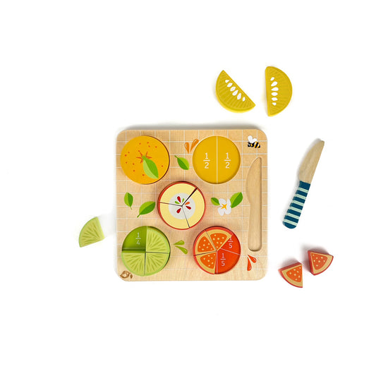 This adorable puzzle is always a top seller. Teach your little ones the concept of fractions using these juicy Citrus Fractions! Use the wooden knife to cut the round fruits in halves, quarters or fifths! The fractions are printed underneath to help children understand this mathematical concept.