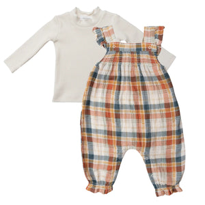 Muslin Plaid Smocked Front Coverall & Turtleneck Sweater Set