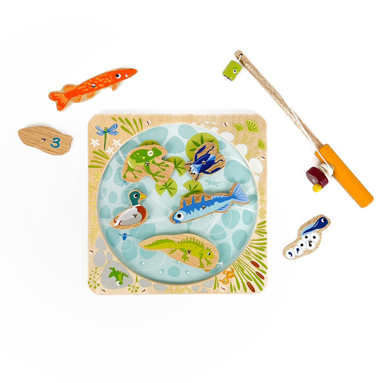 This adorable wooden set comes with a fully stocked pond of 8 magnetic fish and other pond animals, plus a wooden fishing rod with a magnetic tip for catching the animals. The length of the rod can be adjusted to fit different playing levels. You'll be amazed at how your little one concentrates to catch each fish. 